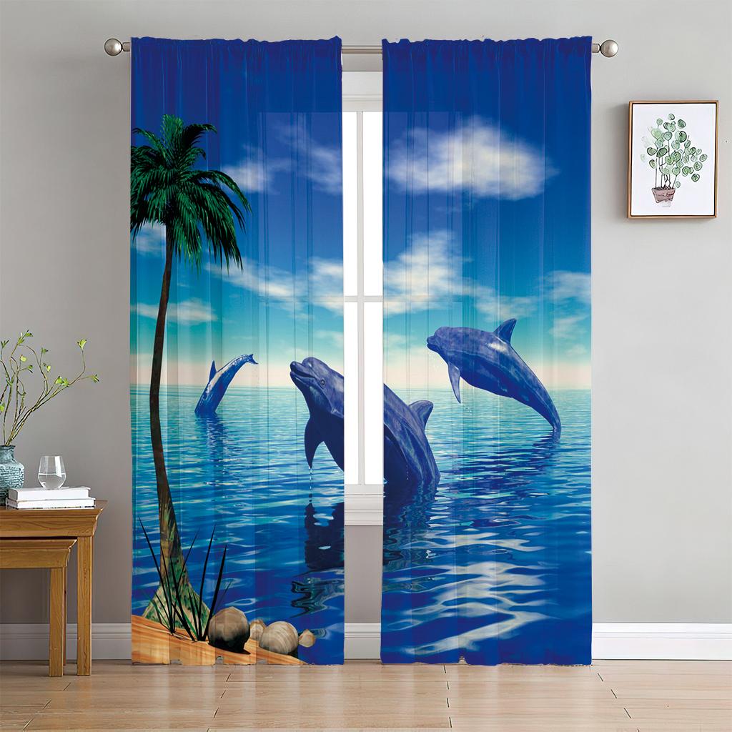 2 Panel Blue Sea Curtain Sea Creature Dolphin Turtle Curtain for Bedroom Living Room Kitchen Window Tulle Sheer VoileCurtains