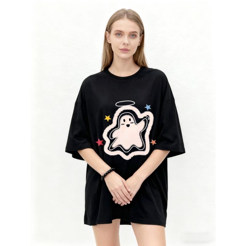 Oversized T Shirt Black Cute Ghost With Halo And Stars Print Casual Wear For Women Summer Streetwear Fashion Top