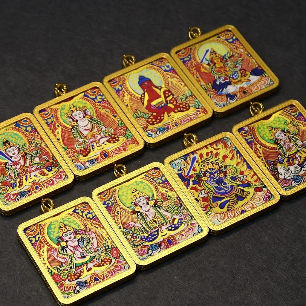 Gold-Painted Tibetan Thangka Pendant with Eight Guardian Deities in Zhakiram Mahakala Gau Design