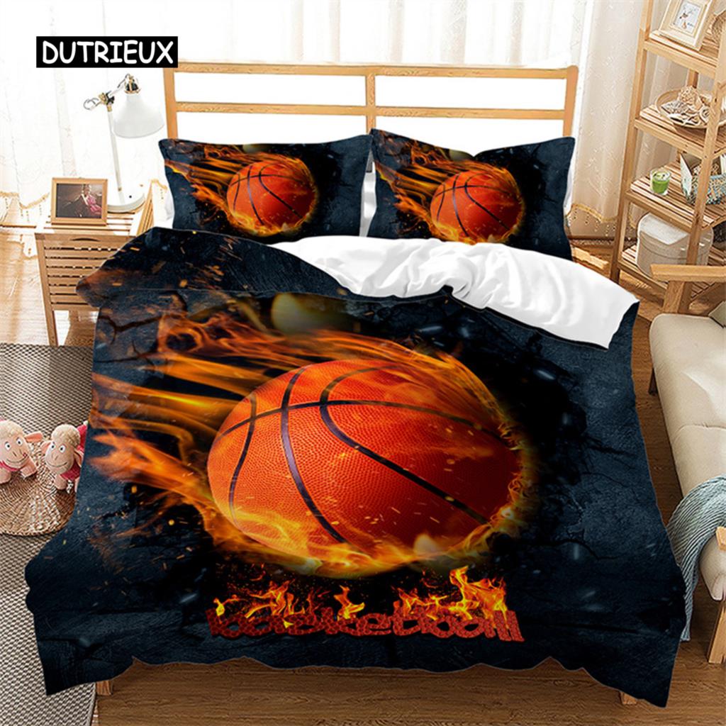 Boys Basketball Duvet Cover 3D Ball Pattern Sports Theme Bedding Set Queen Microfiber Football Competitive Game Comforter Cover
