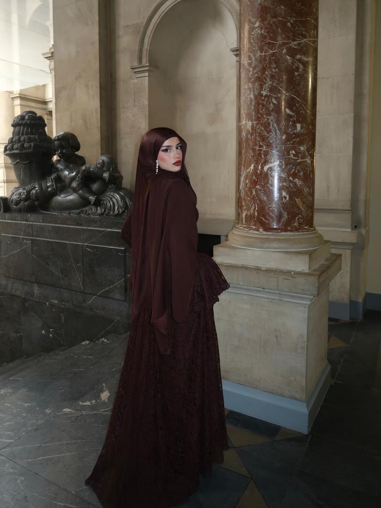 Xijun Luxury Brown Long Prom Dresses A-Line Lace Pleated Evening Dresses Full Sleeves Scarf Formal Prom Gowns Women Customized