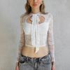 French Style Retro Sexy Style Sexy Lace-up Crop Top See-through Lace Tops Female Easiest for Match Pure Color Slim Fit Long-Sleeved T-shirt