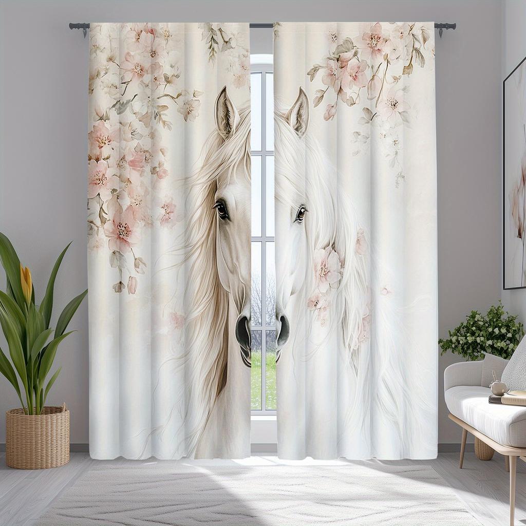 2pc Traditional Horse and Floral Print Curtains, Polyester Fabric, Machine Washable, Suitable for Bedroom and Living Room
