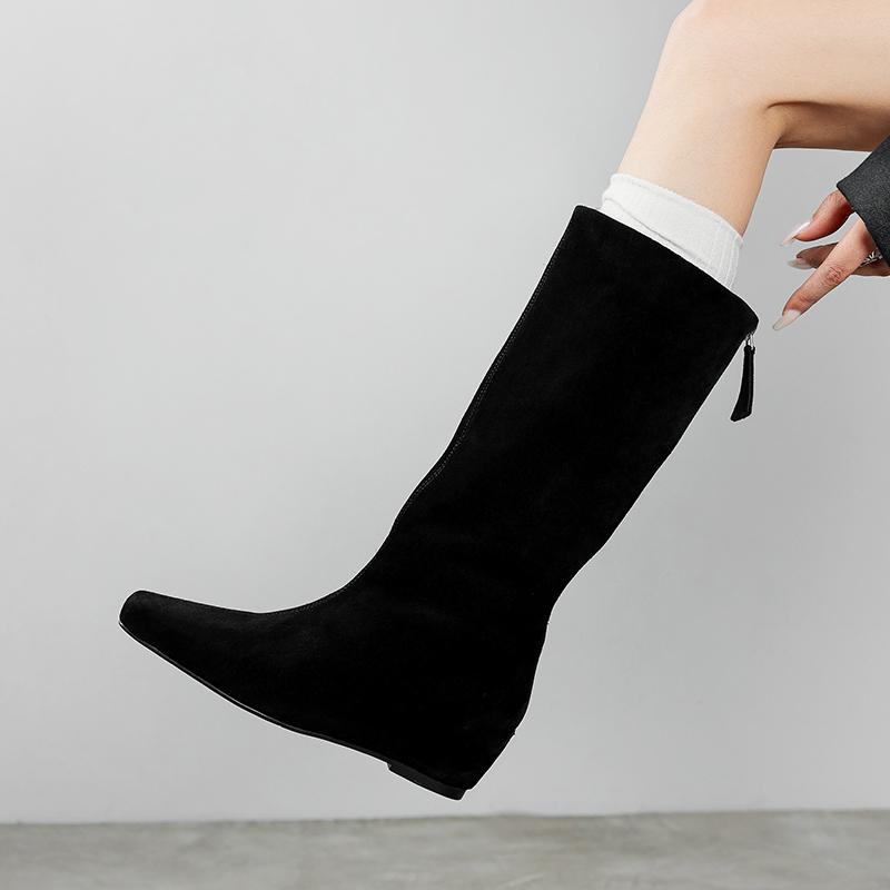 Fashion 2025 New Autumn Knee-high Boots Cow Suede Leather Women Shoes Square Toe Slip-on Western Modern Boots Height Increase Long Boots