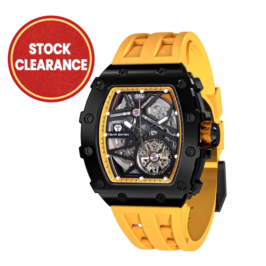 TSAR BOMBA Męski Zegarek Biznesowy, Wodoodporność 50M, Szkieletowy Design, Stylowa Koperta Tonneau ze Stali Nierdzewnej, Japoński Mechanizm z Indeksami Luminescencyjnymi, Żółty