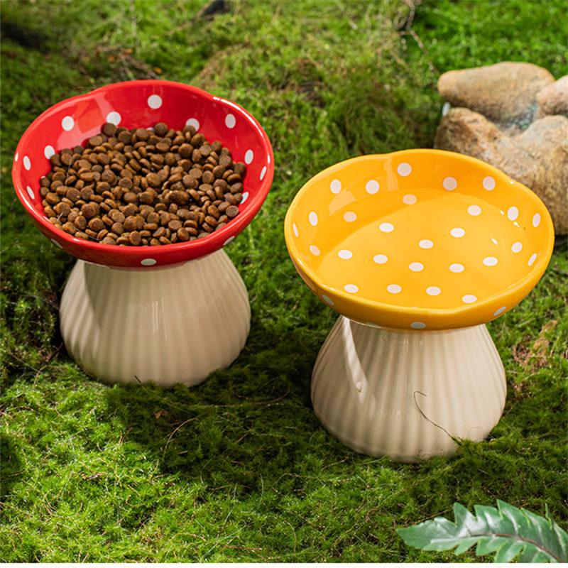 Cute Cartoon Mushroom Ceramic Pet Bowl High Foot Protection for Cervical Spine Feeder  for Puppy Dog Small Cat Pet Accessories
