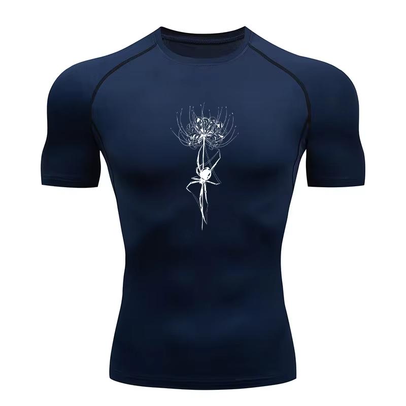 Herren Kompressions-T-Shirt, Fitnessstudio Laufen Schnell Atmungsaktiv Trocken Enganliegende Sportbekleidung, Totenblumen-Aufdruck T-Shirt Kurzarm RL0546