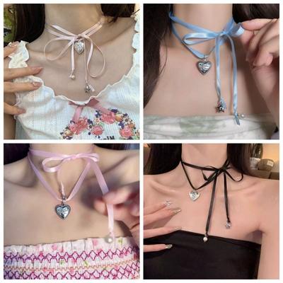 Korean Style Love Pendant Clavicle Chain Pearl Y2K Choker Balletcore Style Ribbon Necklace  Female