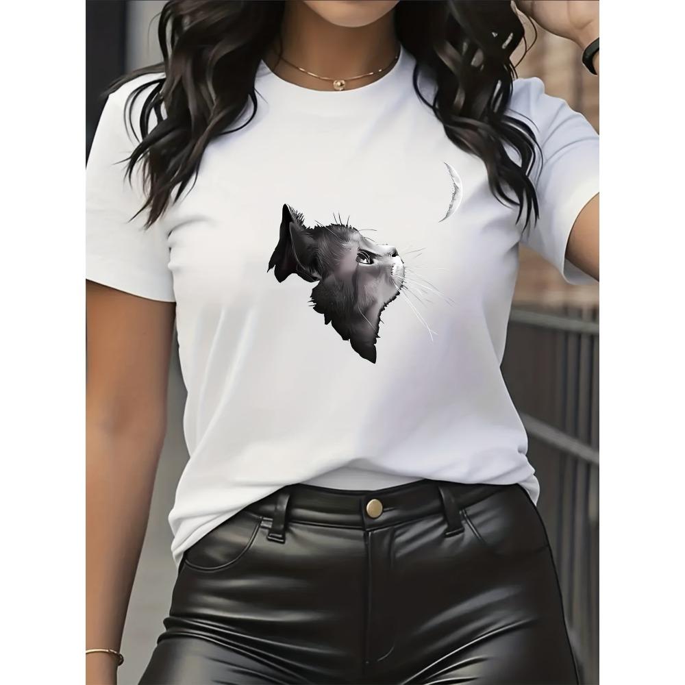 Women'S Playful Black Cat Print Short-Sleeve Round Neck T-Shirt - Sporty Casual Style, Soft And Breathable
