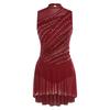 Ladies Lyrical Dancewear Sleeveless Backless Rhinestone Dress with Opera Length Mesh Gloves Crew Neck for Competition Recital