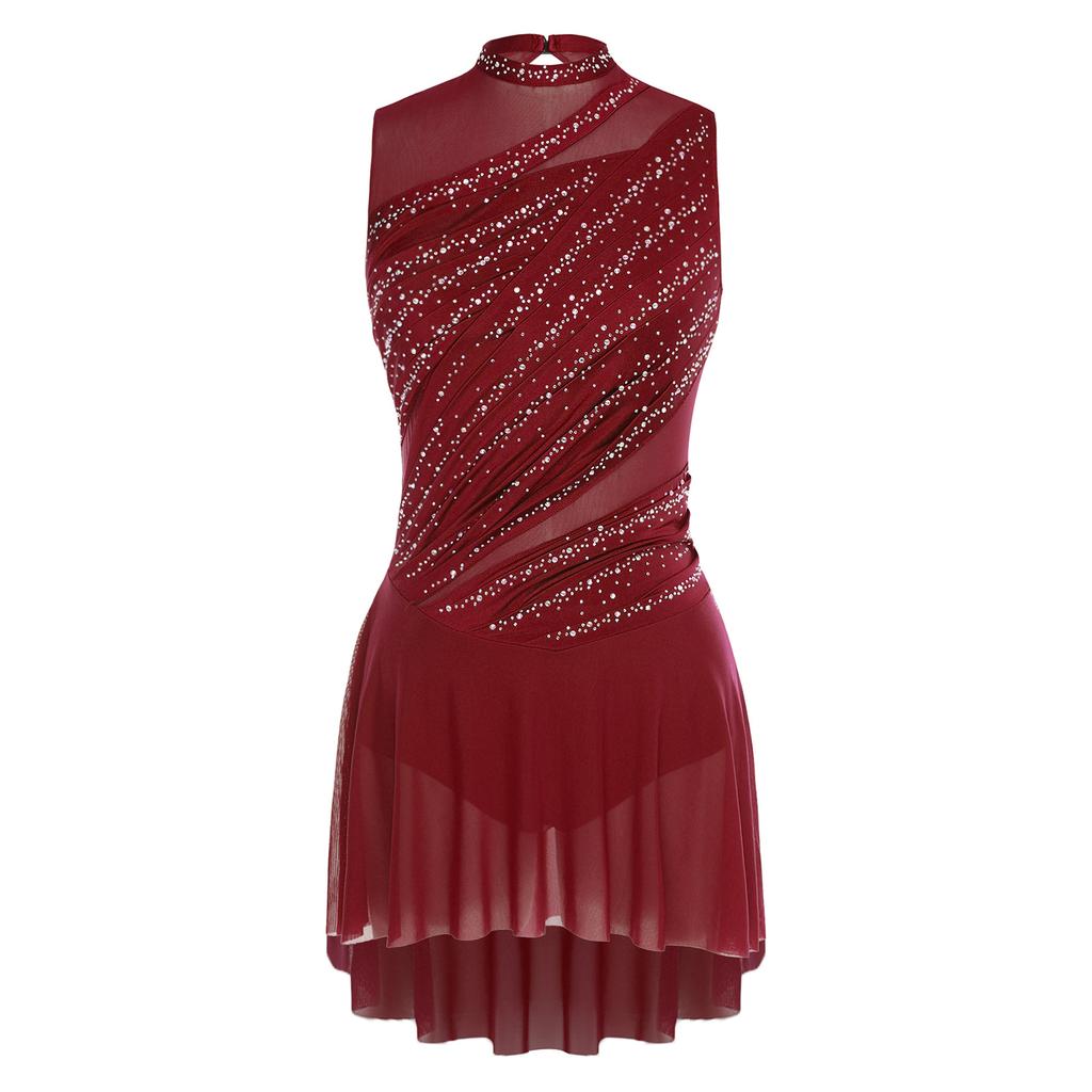 Ladies Lyrical Dancewear Sleeveless Backless Rhinestone Dress with Opera Length Mesh Gloves Crew Neck for Competition Recital