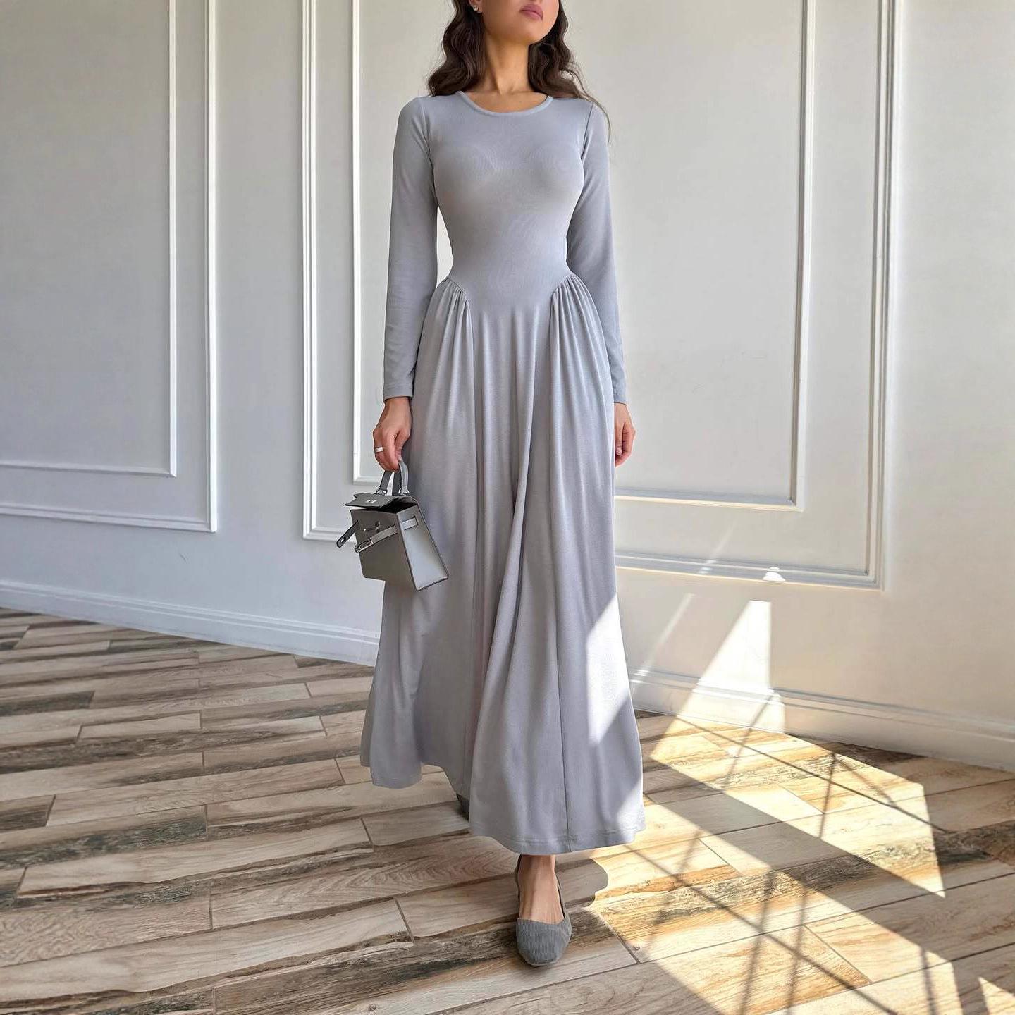 

2025 Изысканное женское платье с длинным рукавом, облегающее, с круглым вырезом, для весны и осени. Extra Large серый