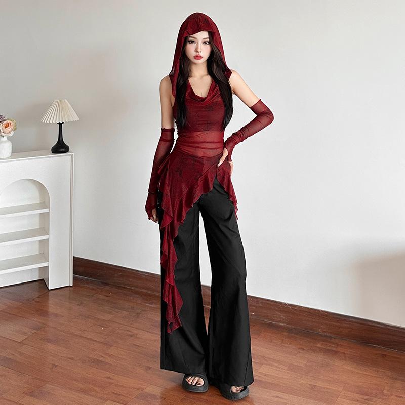 2KWEIRD Streetwear 90s Grunge Mesh See Through Hooded Tops Cyber Y2K Irregular Hem Ruffles Hoodie Women Slim Blouse with Cuffs