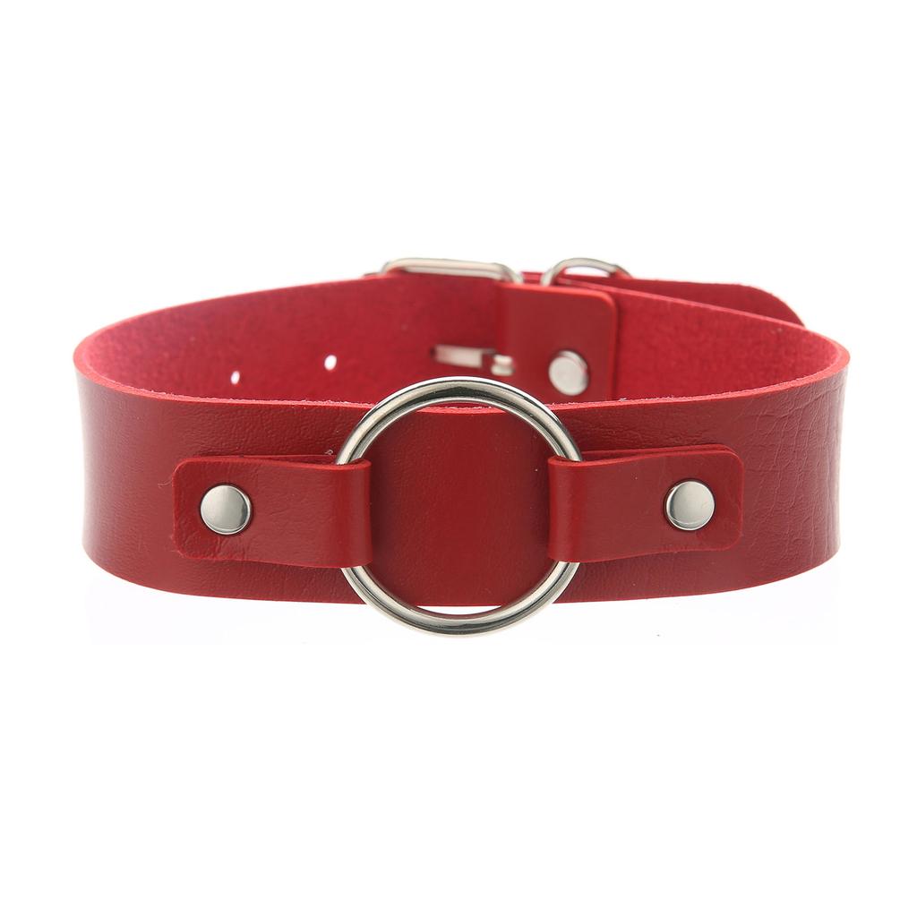 Unisex Round Ring PU Leather Choker, Harajuku Punk Adjustable Neck Collar