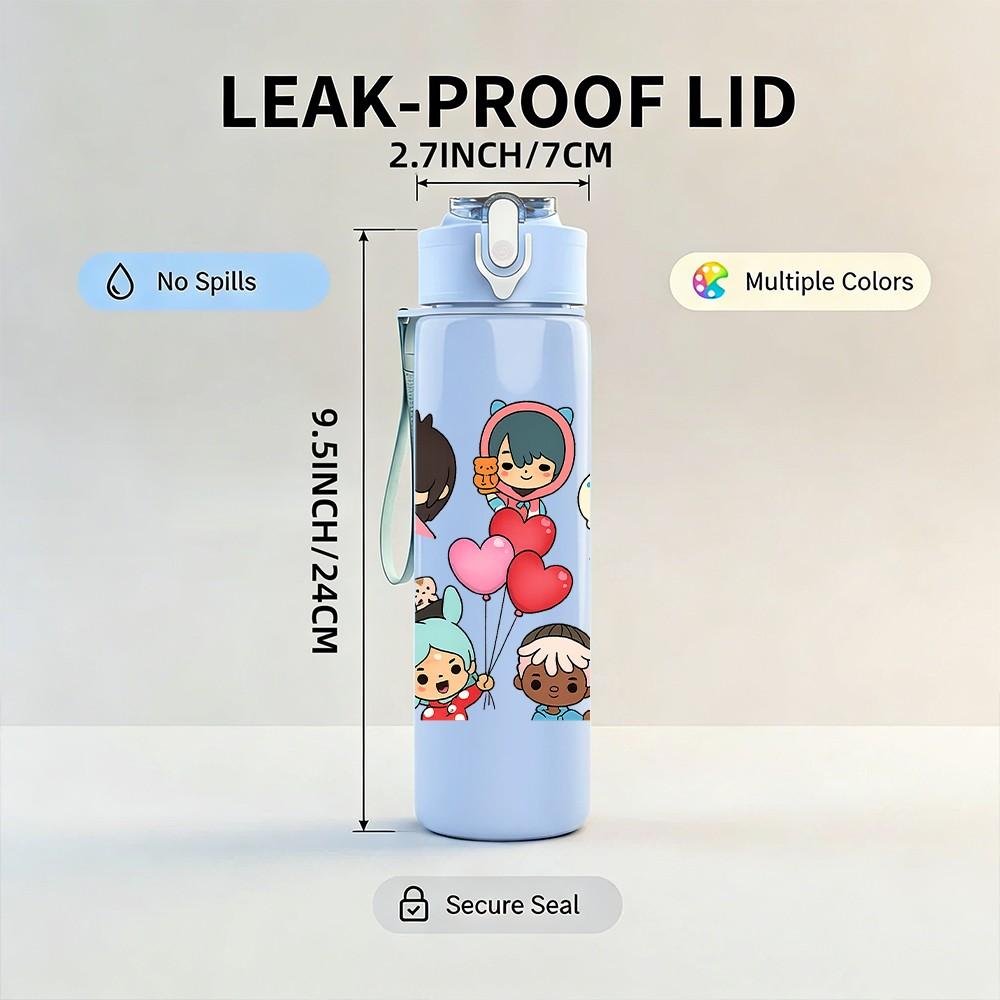 1PC Kid Party Character Collage 750ml Color Plastic Sports Water Bottle Leakproof Flip Straw Lid Suitable for Sports Office Home Use