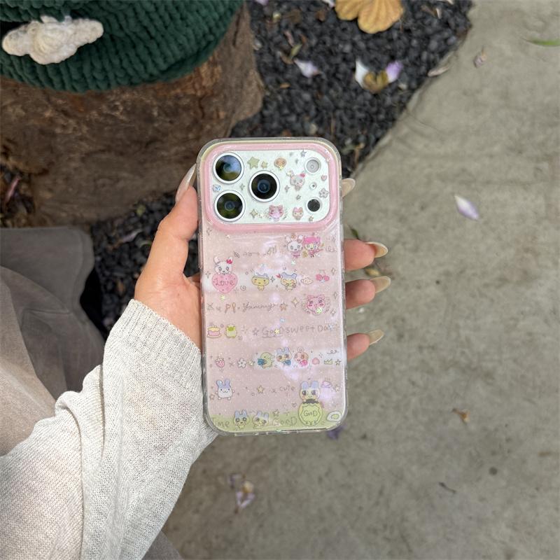 Cute Pink Cartoon Animals Glitter Phone Case For iPhone 17 16 15 14 Pro Max Kawaii Bunny Charm Wrist Strap Protective Cover for