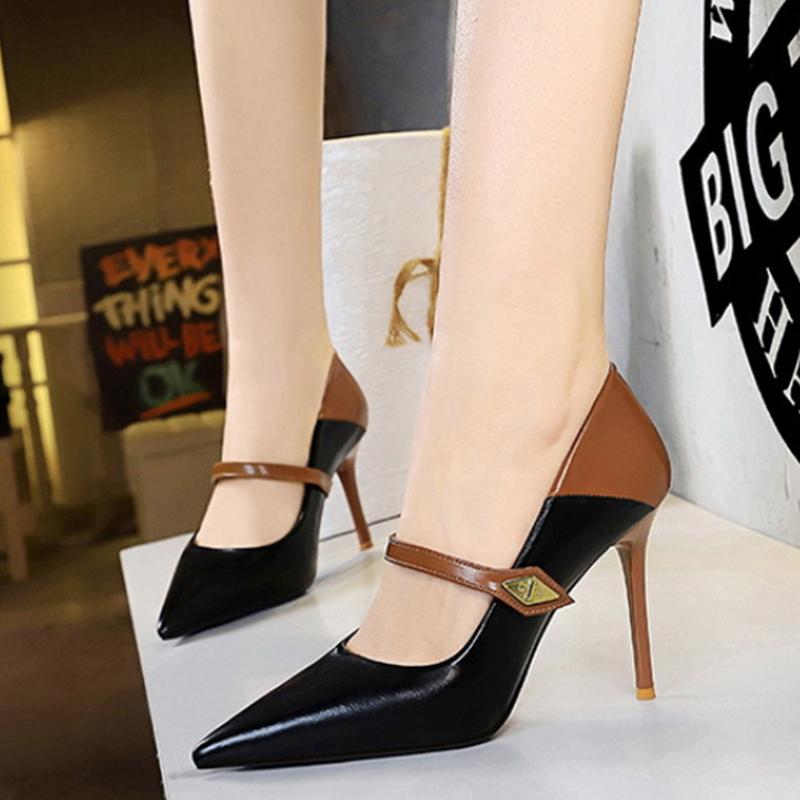 European And American Retro Single-Line Buckle High Heels Thin Heels Shallow-Mouthed Pointed Toe Single Shoes Niche High-End
