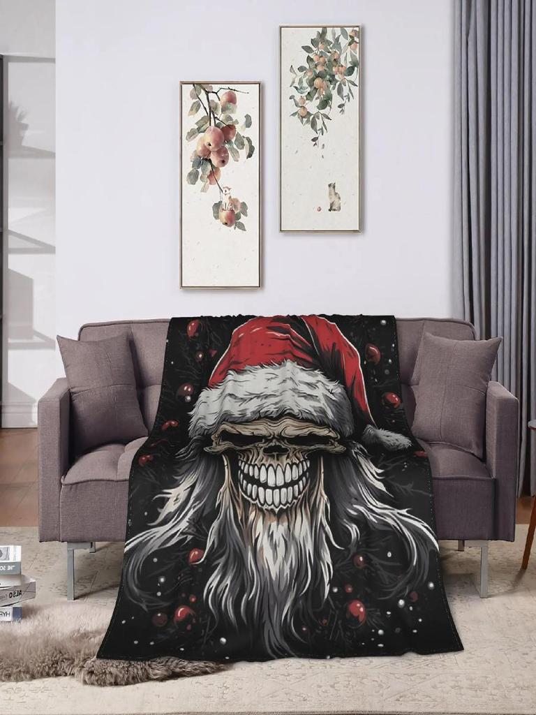 Warm Flannel Throw Blanket with Skull Skeleton and Funny Santa Design Perfect for Students Picnic Christmas Couch Chair Sofa or