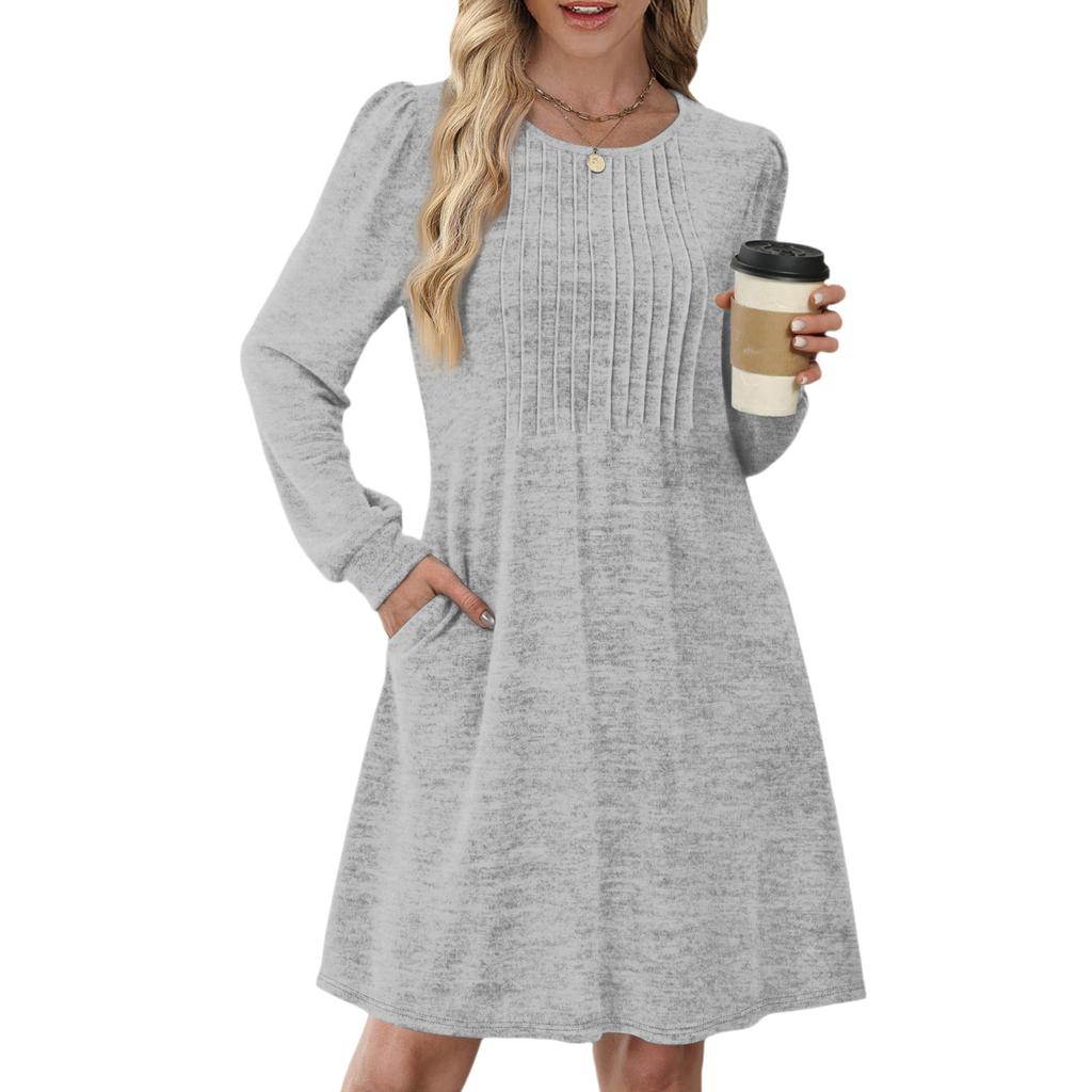 Women's Long Sleeve Pleated Round Neck Solid Color Casual Dress With Pockets