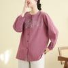 Plus Size Embroidered Cotton Linen Long-Sleeve Cardigan for Women
