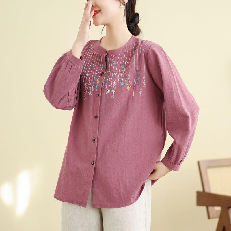 Plus Size Embroidered Cotton Linen Long-Sleeve Cardigan for Women