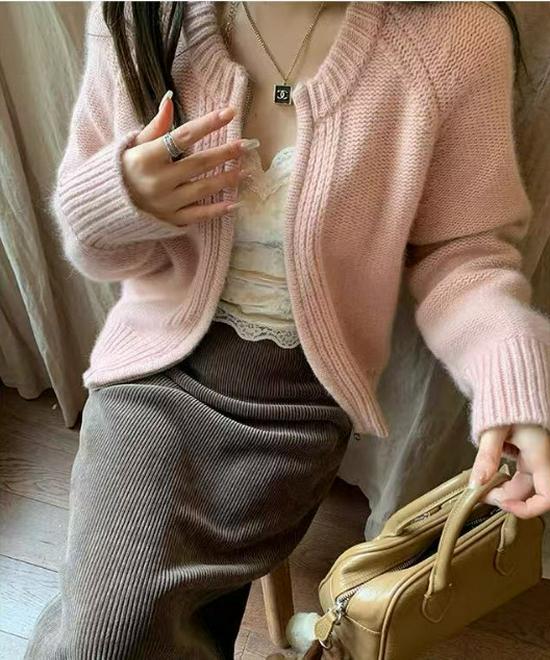2025 Autumn Winter Pure Wool Double Zipper Women's Round Neck Fluffy Loose Knit Sweater