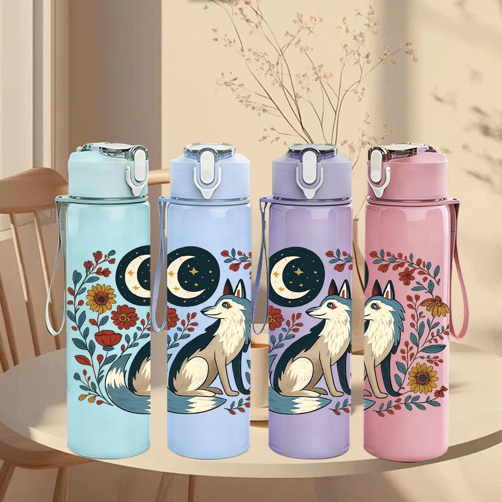 1PC Moon Floral Wolf Art 750ml Color Plastic Sports Water Bottle Leakproof Flip Straw Lid Suitable for Sports Office Home Use