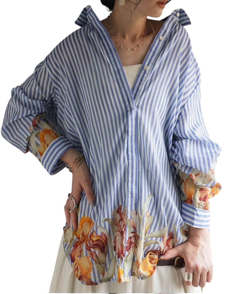 Antiqua Floral Striped Long Sleeve One Size White and Blue Mix Shirt, Women's Top, IYA-00100, 03,
