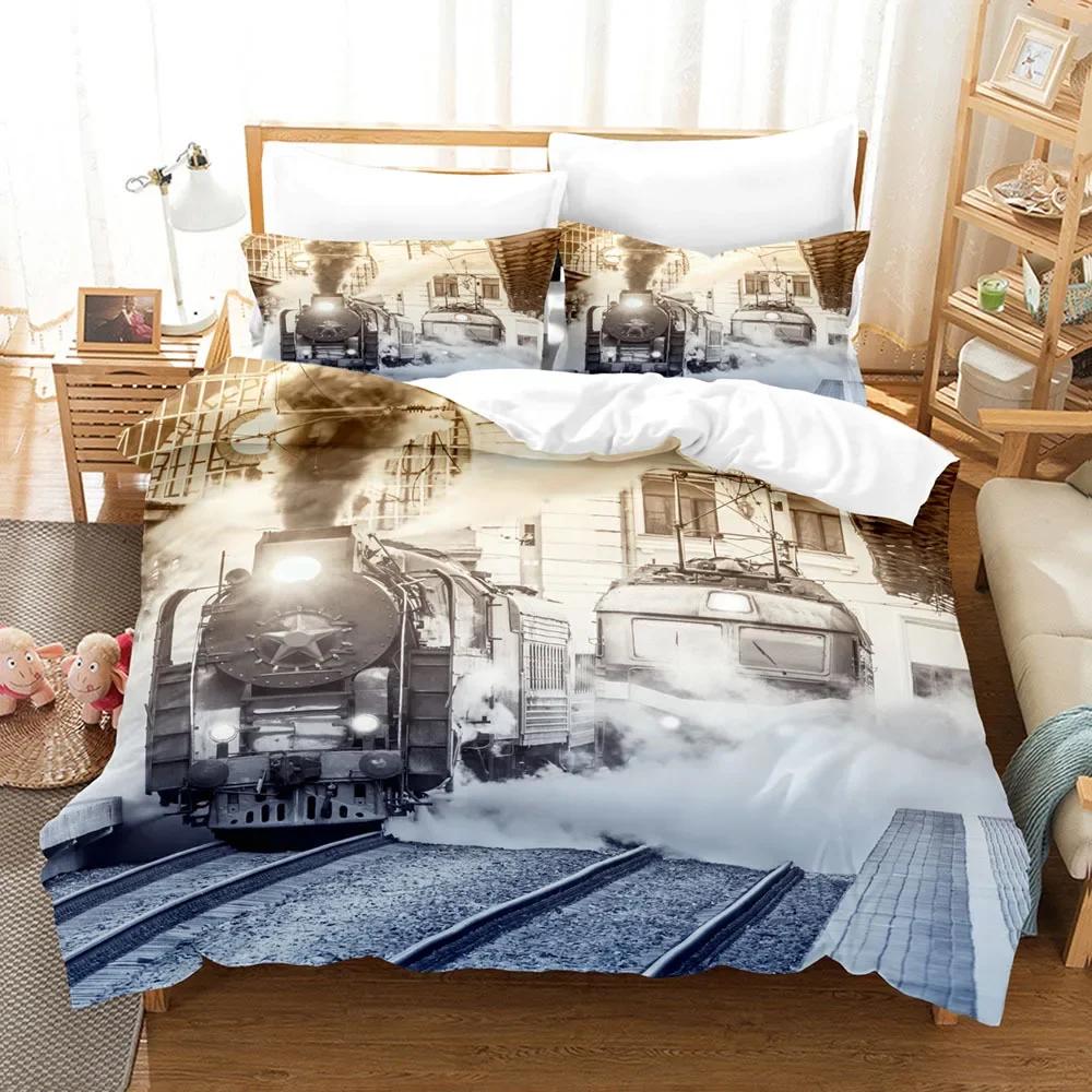 Steam Engine King Queen Duvet Cover Vintage Train Rail Bedding Set For Teens Adults Retro Transportation Polyester Quilt Cover
