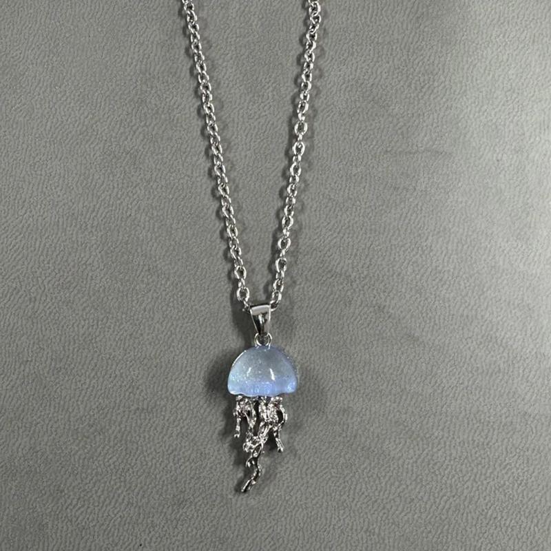 Dreamy Blue Pink Jellyfish Pendent Necklace For Women Vintage Couple Elegant Long Tassels Charms Necklace Simple Jewelry