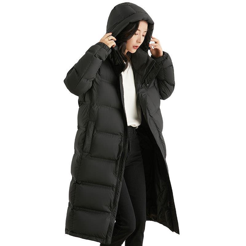Womens Long Down Coat With Hood Mid-Length To Knee Thick White Goose Fill 81-85% Content Removable S-3XL