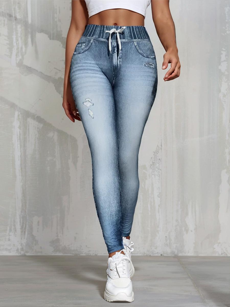 New  Women s Fashion Fake Denim Drawstring High Waist Printed Hole Yoga Pants High Elastic Butt Lift Leggings for Women S