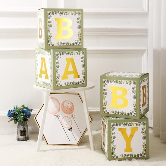 

4Pcs BABY Party Decoration Box with Letter Green Leaves Print Reusable Paper Baby Shower Birthday Party Gender Reveal Decor Block