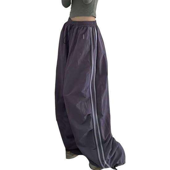 Women Cargo Pants Elastic Waist Drawstring Hem Casual Pants with Pockets Side Stripes Wide Leg Sport Pants Streetwear