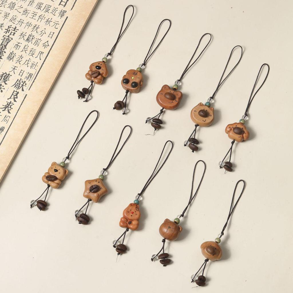 Peach Wood Coffee Bean Phone Charm - Wénwán Bear & Dog Pendants