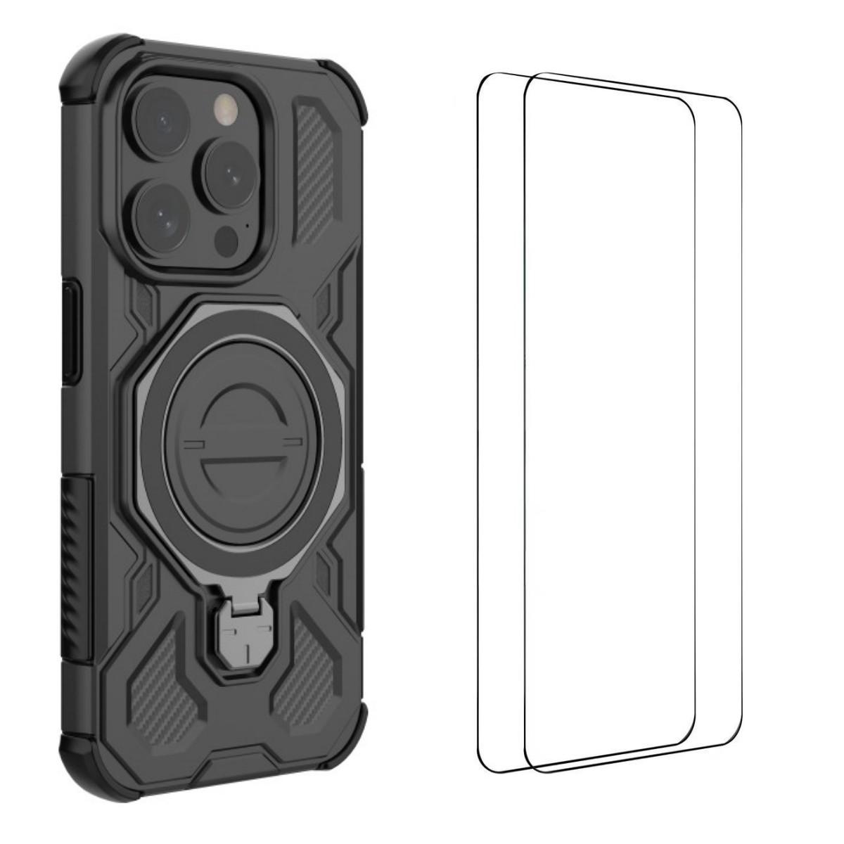 

For iPhone 15 Pro Max Case Kickstand with 2Pcs Screen Film WANLONFENG KJ Series PC TPU Phone Cover (Big Lens Hole) Black