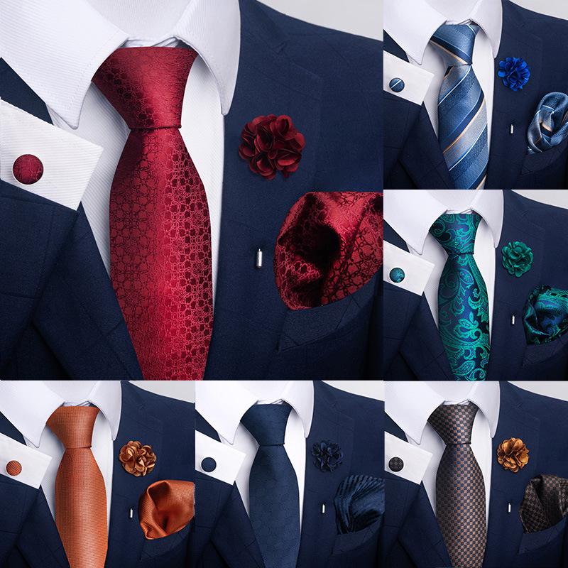 Brown Paisley Men's Tie, Pocket Square, Cufflinks & Boutonniere Set for Business Formal Wear.