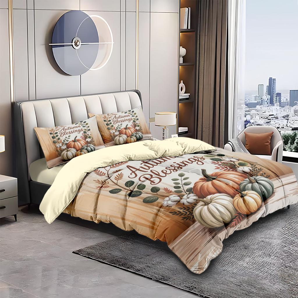 3pcs Autumn Harvest Festival Pumpkin Print Coreless Quilt Set Multiple Sizes Soft Living Room Decoration Machine Washable