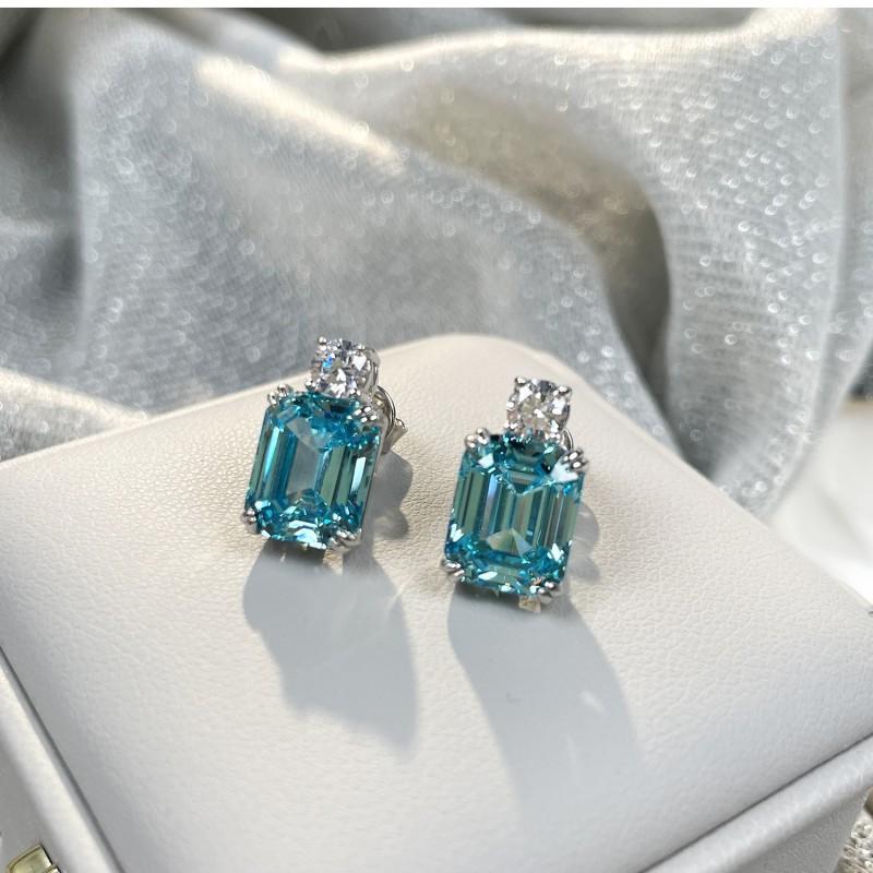 Sterling Aquamarine Stud Earrings Women 1.5ct Natural Gemstone Geometric Design Fashionable Office Jewelry