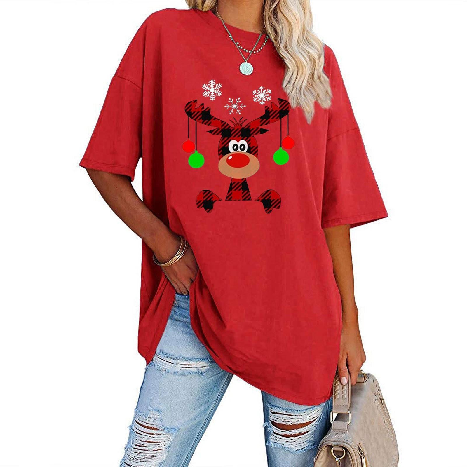 

Женские рождественские футболки со свободным принтом и негабаритным топом