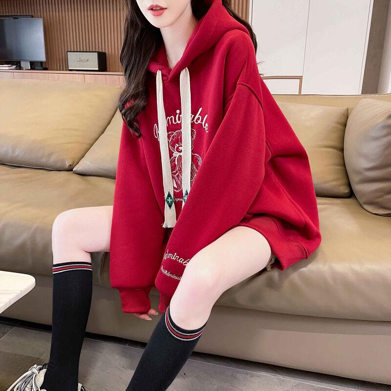 La Chapelle Women's Loose-Fit Cartoon Bear Fleece Hoodie