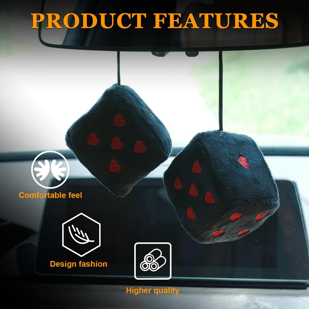Ziciner Pair Fuzzy Plush Dice for Car Mirror 3" Retro Square Dice Heart Shape