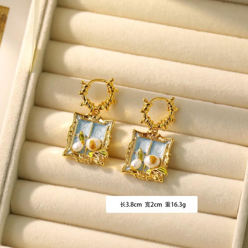 Handmade Baroque Pearl Earrings With Impressionist Garden Design Post Copper Base Matte Gold Green Finish
