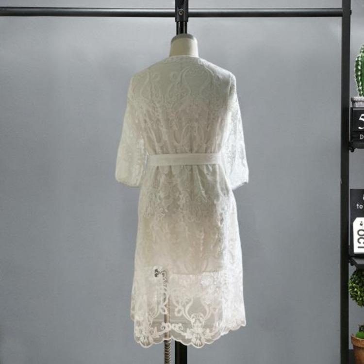 Abito da sera da donna taglie forti in pizzo traforato trasparente con ricami, scollo rotondo, maniche a tre quarti, vita con cintura a doppio strato, maxi abito da festa