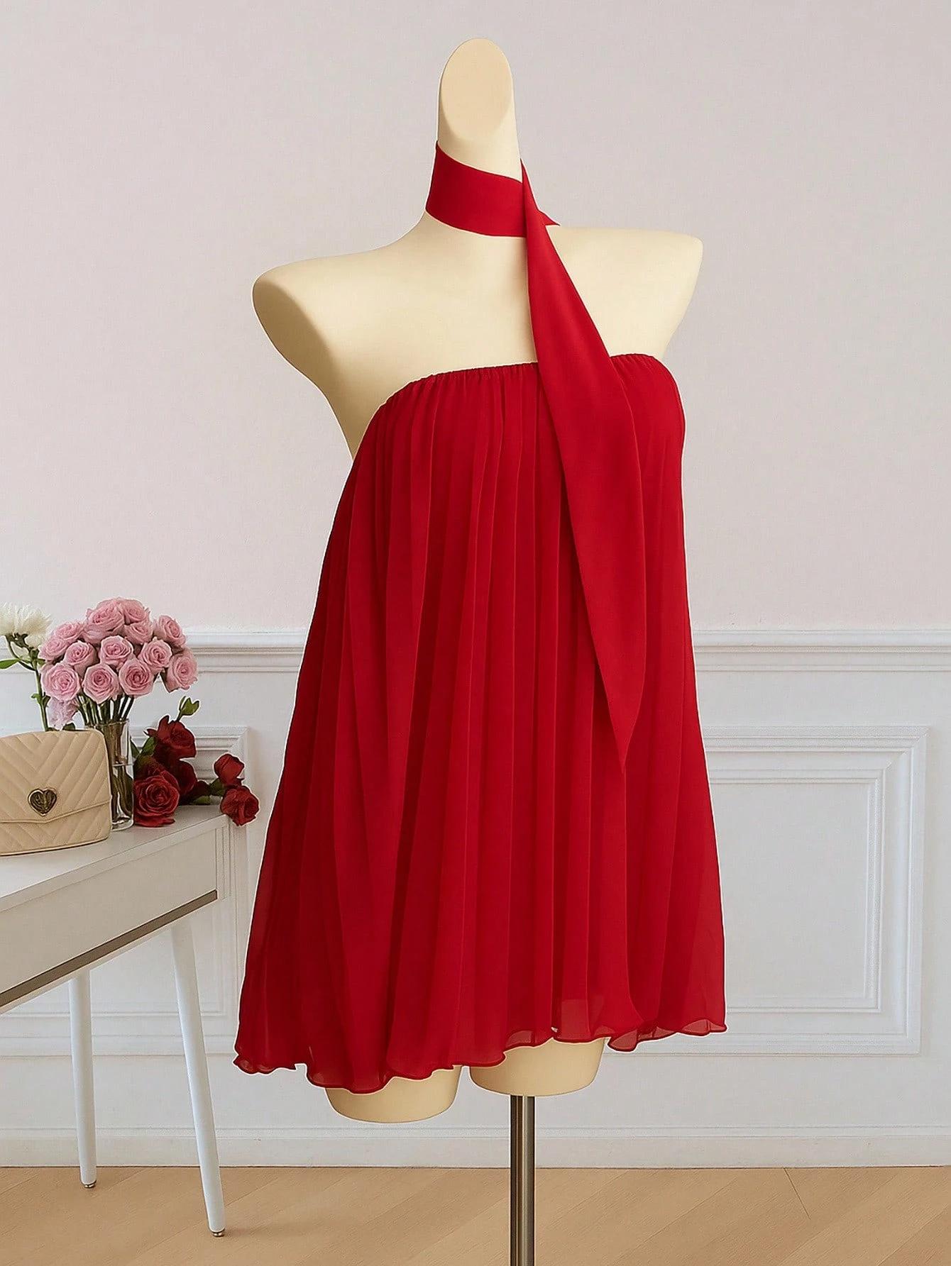 2026 Cross-Border Women s Backless Elegant Chiffon Dress Small красный