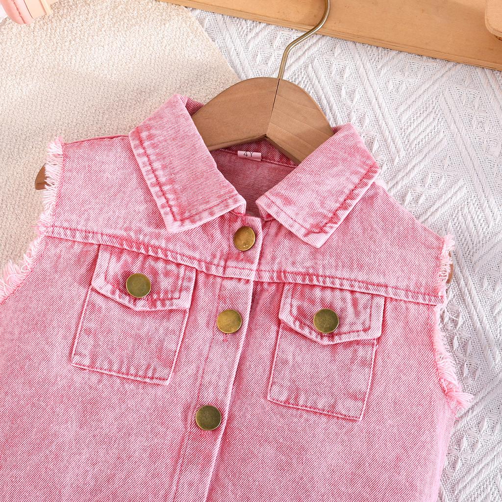 Kids Casual Denim Outfit, 2-Piece Frayed Edge Vest and Pleated Skirt