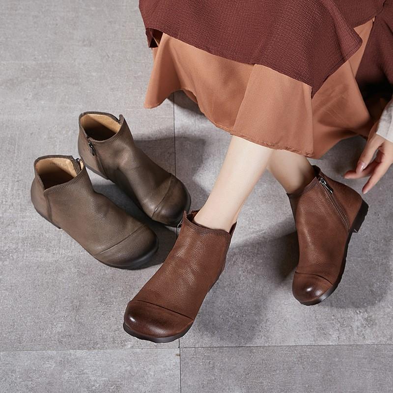 Johnature Stivaletti alla Caviglia Retro Vera Pelle Suola Morbida Versatili Scarpe da Donna in Pelle Bovina