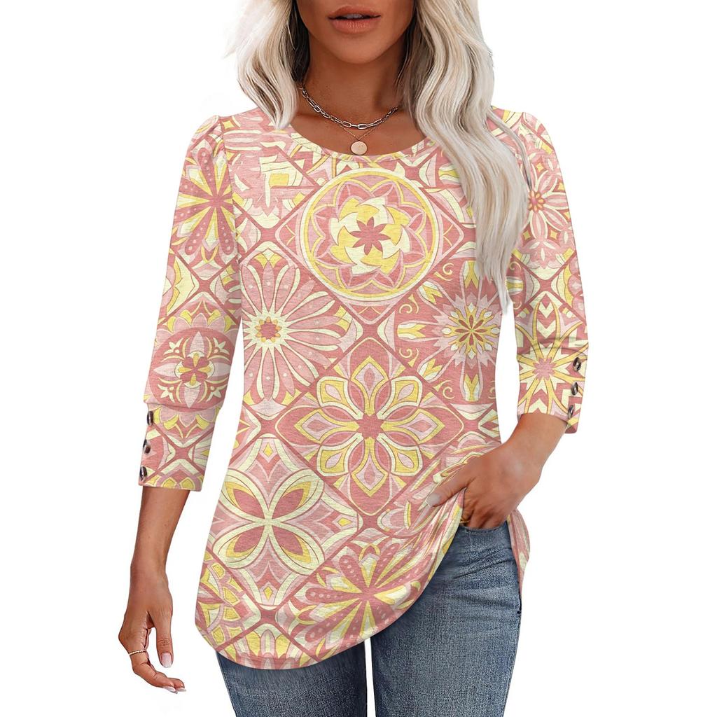Damen Freizeit Oberteil Lockere Passform Dreiviertelarm Rundhalsausschnitt Bluse Leichter Bequemer Stoff Stilvolles Gemustertes Design