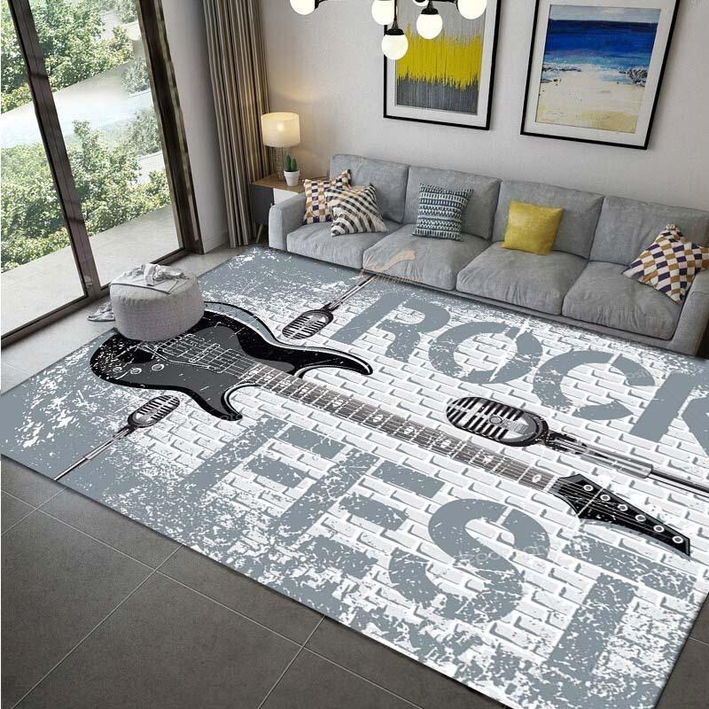 Rock Music Theme Non-Slip Rug, Guitar and Microphone Print Floor Mat for Living Room Bedroom Modern Home Decor