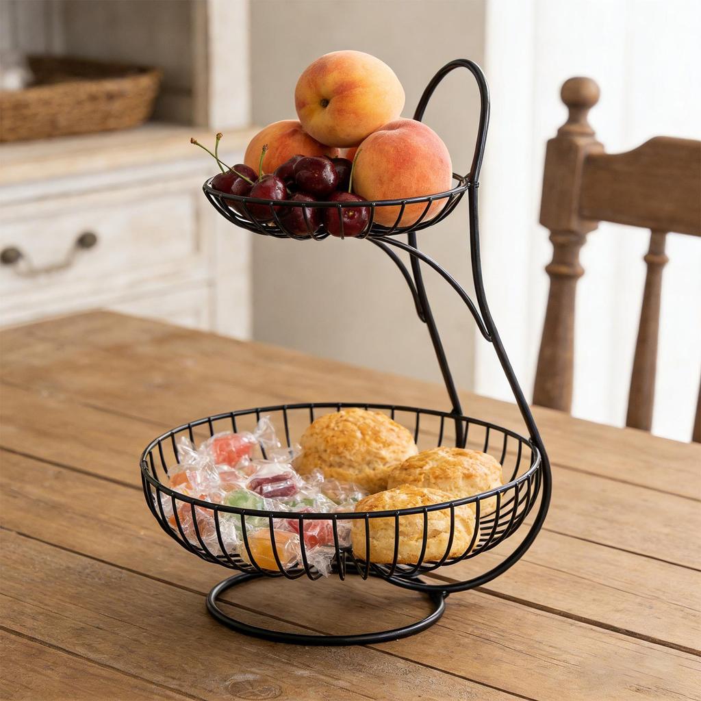 Cesto Portfrutta in Metallo a 2 Piani Contenitore per Verdura Supporto Frutta da Banco per Bancone Scaffale Dispensa Festa Buffet Sala Relax Appartamento